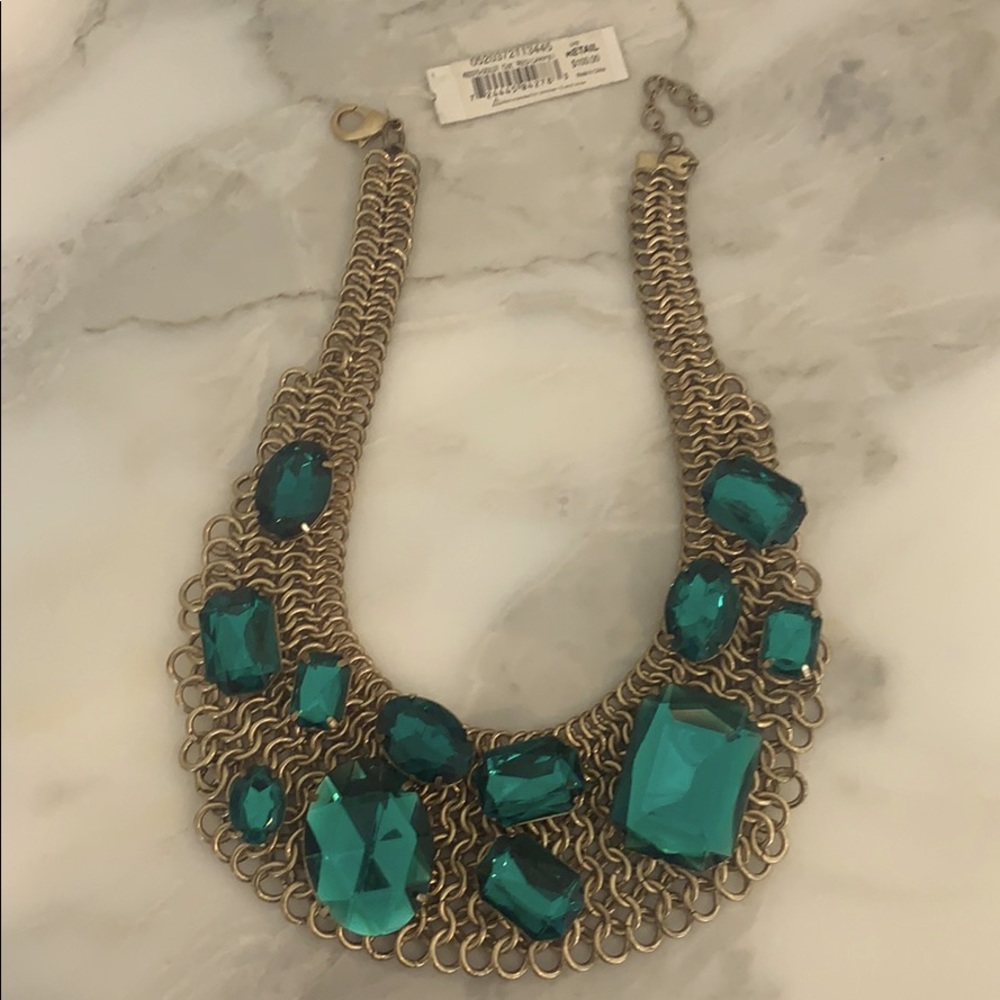 gold mesh costume necklace w/ emerald stones